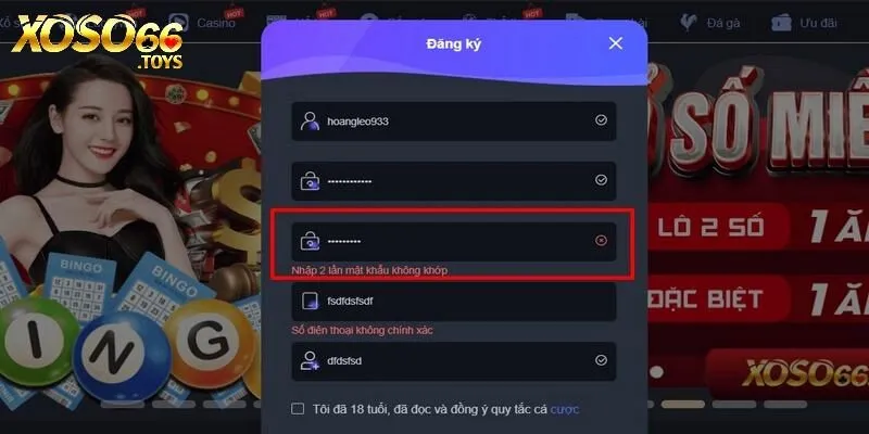 Một số lỗi khi đăng ký tài khoản Xoso66